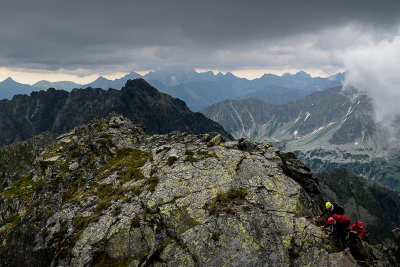 View towards Eagle's Path ridge from Swinica 2301m, near Kozi Wierch 2291m, far behind in clouds Ladovy stit 2627m, Tatra NP