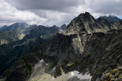 View of Ganok 2462m with its 300m high gallery wall from Vaha Pass 2337m, Tatra NP