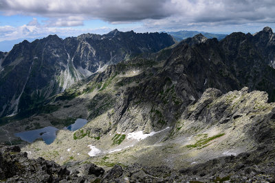 Looking down Upper Mengusovska Valley, on the right Mengusovske stty 2432m, behind Ridge of Dungeons with Satan 2421m, Tatra NP