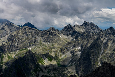 View from Rysy 2503m on Litvorova Valley, on the left in clouds Ladovy stit 2627m, behind on the right Bradavica 2476m, Tatra NP