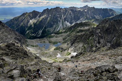 Looking down Upper Mengusovska Valley from Rysy summit 2503m, behind Ridge of Dungeons with Satan 2421m, Tatra NP