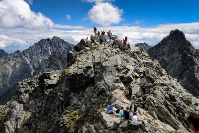 View of Slovakian summit of Rysy 2503m from the Polish summit of Rysy 2499m, behind on the right Vysoka 2547m, Tatra NP