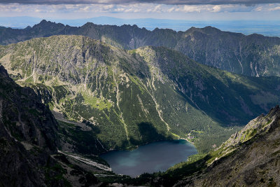Looking down Morskie Oko Lake 1395m from the summit of Rysy 2499m, far behind on the left Swinica 2301m, Tatra NP