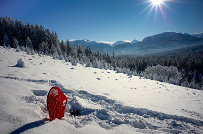 Sledging on The Glade, behind Czerwone Wiechy 2122m and Kominiarski Wierch 1829m on the right, Witów