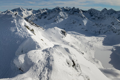 The ridge eastwards from the main summit of Swinica 2301m, Five Polish Lakes Valley below, High Tatras