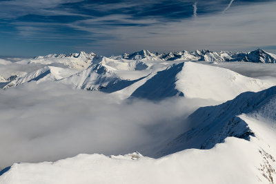 View towards High Tatra over clouded Starorobocianska Valley, Tatra NP