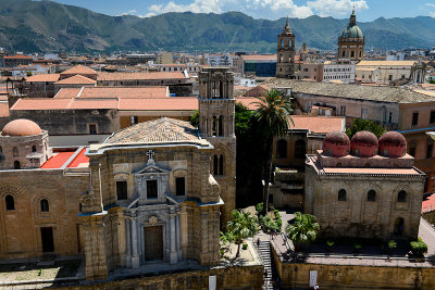View southwards from Santa Caterina church, Santa Maria dell'Ammiraglio church on the left and San Cataldo on the right, Palermo