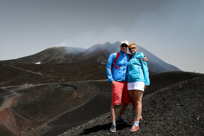 Mount Etna - Aneta and I on Torre del Filosofo 2920m, the central craters 3340m behind, Etna NP