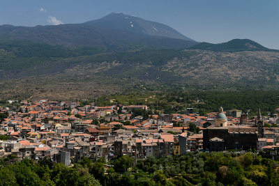 View over Randazzo towards lava fields and Etna 3340m far behind