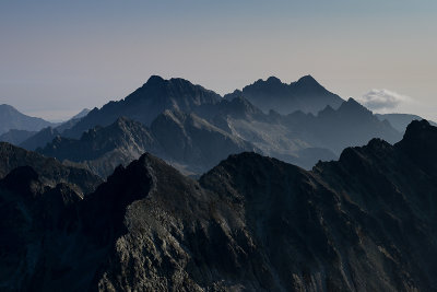 On Zadný Gerlach 2616m - below Východná Vysoká 2429m, behind L'adový Peak 2627m and Lomnický Peak 2633m, Tatra NP