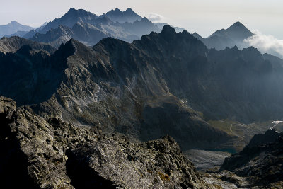 Looking down Velická Valley from Zadný Gerlach 2616m, far behind Icy Peak 2627m and Lomnický Peak 2633m, Tatra NP