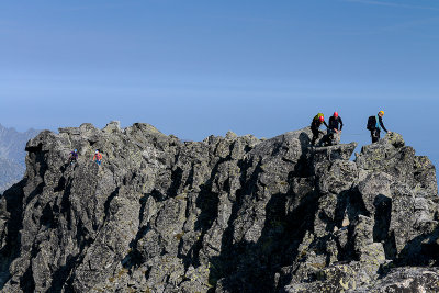Climbers on Martin's climbing route approaching the summit of Gerlach Peak 2655m, Tatra NP