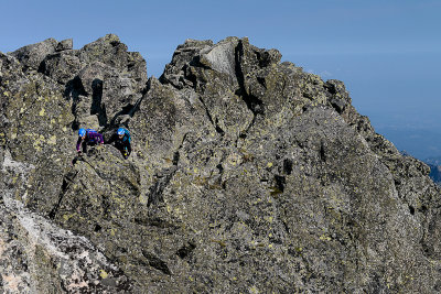 Climbers on Martin's climbing route approaching the summit of Gerlach Peak 2655m, Tatra NP