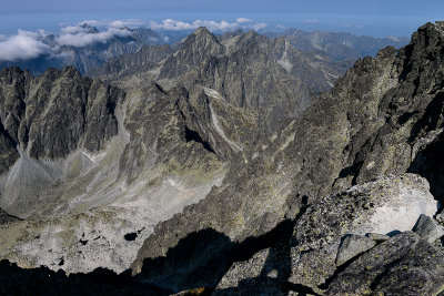 On the summit of Gerlach Peak 2655m, W view towards Koncistá 2538m and Vysoká 2547m behind, Tatra NP