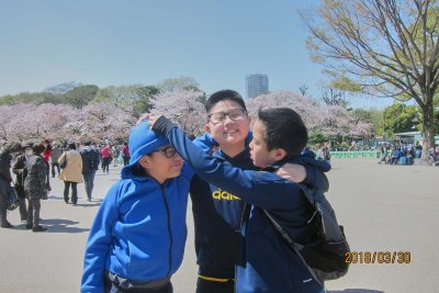 Kids with sakura in Ueno