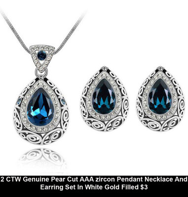 2 CTW Genuine Pear Cut AAA zircon Pendant Necklace And Earring Set In White Gold Filled $3.jpg