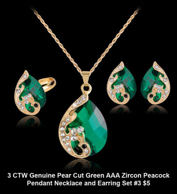 3 CTW Genuine Pear Cut Green AAA Zircon Peacock Pendant Necklace and Earring Set #3 $5.jpg