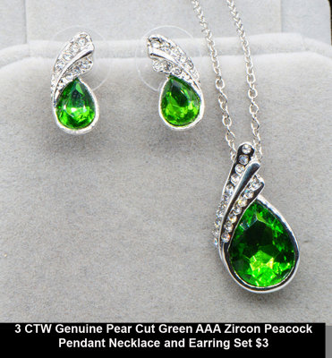 3 CTW Genuine Pear Cut Green AAA Zircon Peacock Pendant Necklace and Earring Set $3.jpg