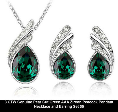 3 CTW Genuine Pear Cut Green AAA Zircon Peacock Pendant Necklace and Earring Set $5.jpg