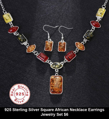 925 Sterling Silver Square African Necklace Earrings Jewelry Set $6.jpg