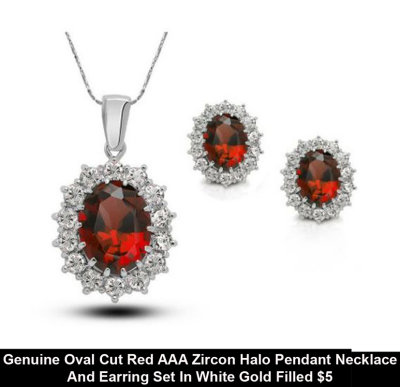 Genuine Oval Cut Red AAA Zircon Halo Pendant Necklace And Earring Set In White Gold Filled $5.jpg