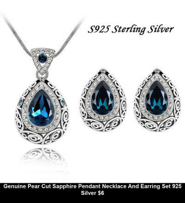 Genuine Pear Cut Sapphire Pendant Necklace And Earring Set 925 Silver $6.jpg