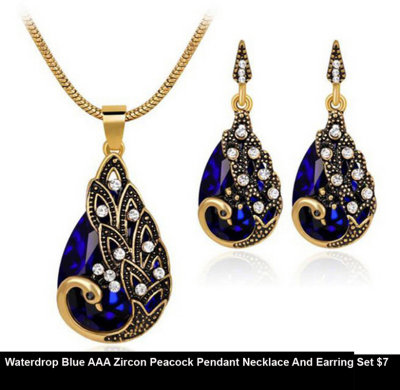 Waterdrop Blue AAA Zircon Peacock Pendant Necklace And Earring Set $7.jpg