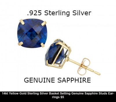 14kt Yellow Gold Sterling Silver Basket Setting Genuine Sapphire Studs Earrings $5.jpg
