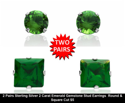 2 Pairs Sterling Silver 2 Carat Emerald Gemstone Stud Earrings  Round & Square Cut $5.jpg