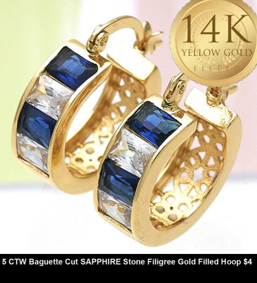 5 CTW Baguette Cut SAPPHIRE Stone Filigree Gold Filled Hoop $4.jpg