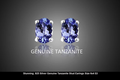 Stunning .925 Silver Genuine Tanzanite Stud Earings Size 6x4 $3.jpg