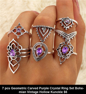 7 pcs Geometric Carved Purple Crystal Ring Set Bohemian Vintage Hollow Kunckle $6.jpg