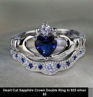 Heart Cut Sapphire Crown Double Ring In 925 silver $5.jpg