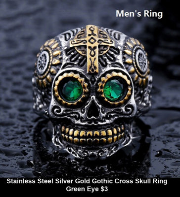 Stainless Steel Silver Gold Gothic Cross Skull Ring Green Eye $3.jpg