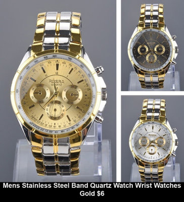Mens Stainless Steel Band Quartz Watch Wrist Watches Gold $6.jpg