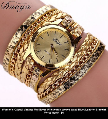 4 Women's Casual Vintage Multilayer Wristwatch Weave Wrap Rivet Leather Bracelet Wrist Watch  $6.jpg