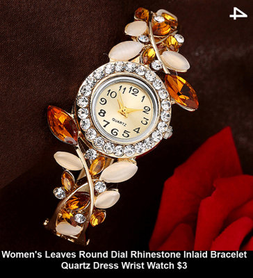 9h Women's Leaves Round Dial Rhinestone Inlaid Bracelet Quartz Dress Wrist Watch $3.jpg