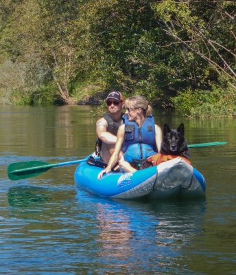 Thomas and Myra Daly with Good Dog Axel on the American River