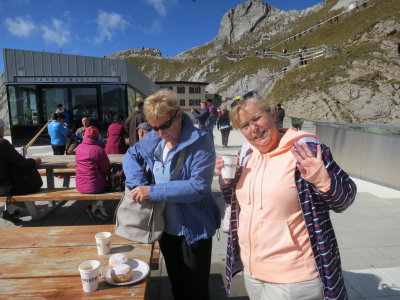 Ann  enjoying  a  cuppa  on  the  viewing  terrace  of  Mount  Pilatus .