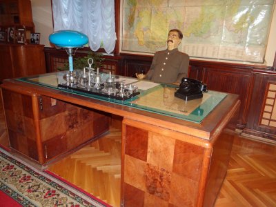 In this region Russian leaders had/have many dachas.  Stalin spent time in this one; hence his likeness...
