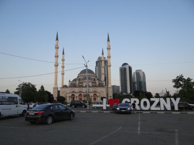 Mosque and new highrises in Grozny, Chechnya.  Much of the city is new, as it was heavily damaged in recent wars.