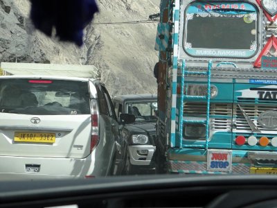Traffic jam on a narrow mountain road