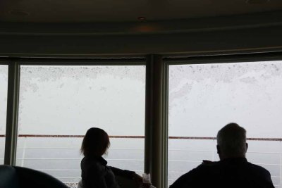 THE CAPTAIN TAKES SHELTER BEHIND DECEPTION ISLAND AND THE SNOW STARTS.
