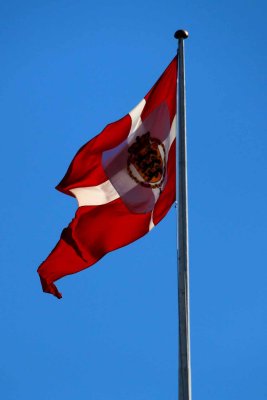 DANISH FLAG WITH COAT OF ARMS - REPRESENTS VISITING DIGNITARIES AT PALACE