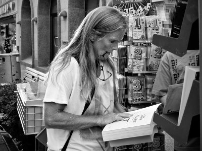 Outside bookstore reader