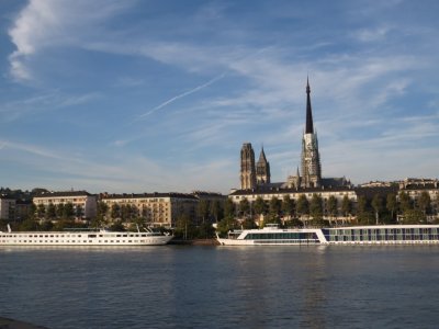 Our boat, on left, with Rouen Cathedral in background