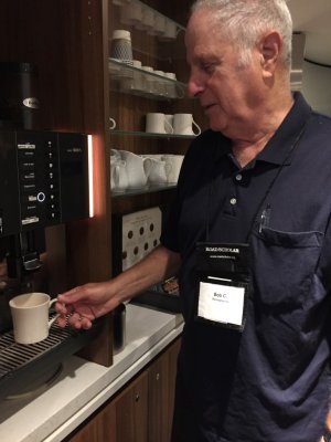 Bob at coffee machine in Caen Hotel