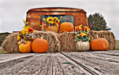 Fall/Thanksgiving display on modifided Jeepster, Glen Rose, TX 