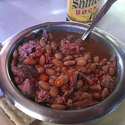 My favoriet meal at Taylor Cafe: Slow beans, Bohunk sausage, Shiner Bock beer, with saltine crackers and pickled jalapeno pepper