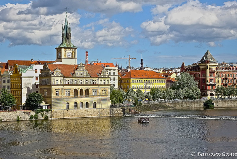 Late afternoon sun on the Smetana Museum, looking from the Charles Bridge   